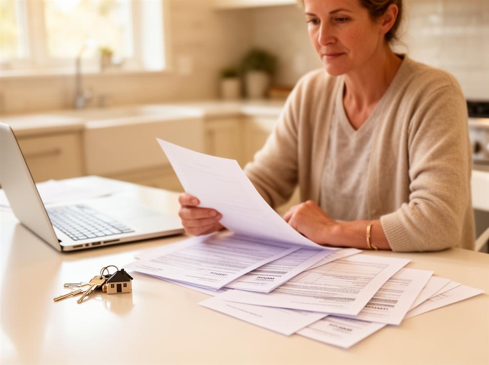 Homeowner reviewing EPC paperwork with house keys on a kitchen table