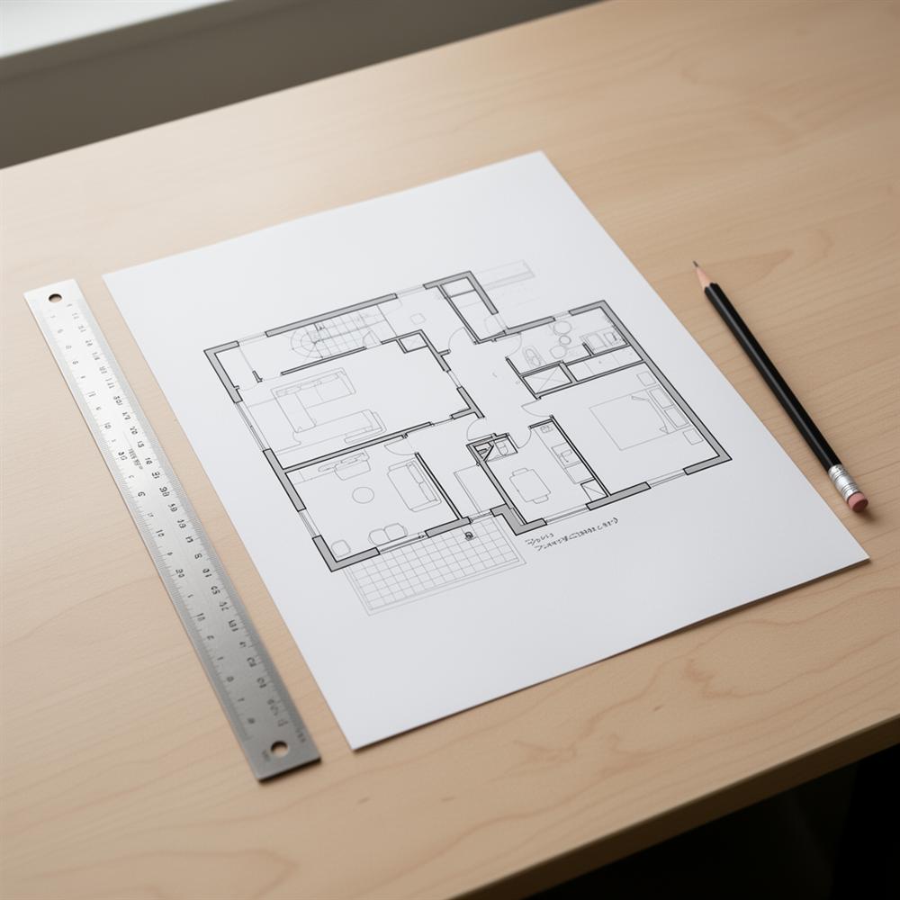 Printed residential floor plan on a desk with a scale ruler and pencil