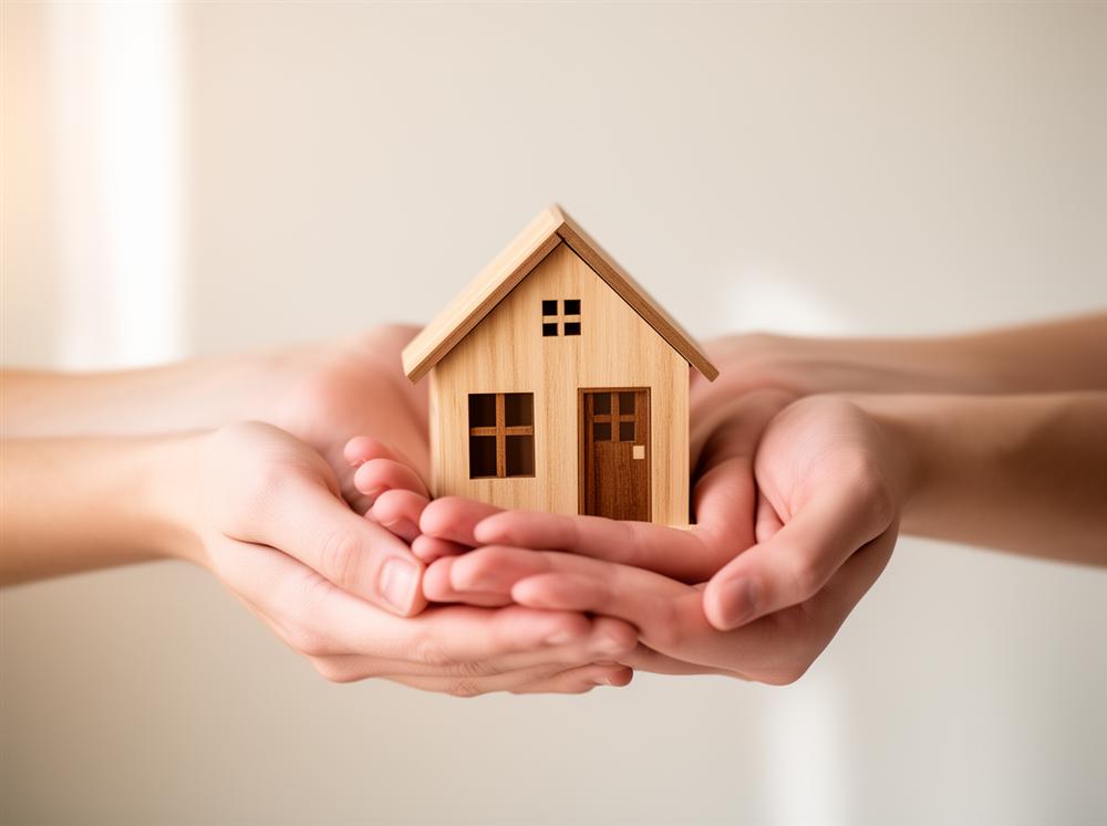 Hands holding a small model house, representing a home energy assessment